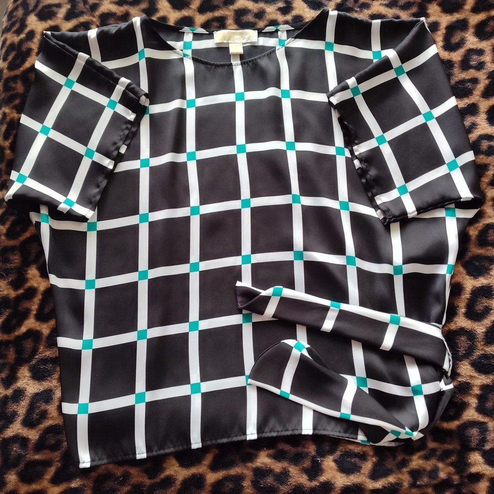 Michael Kors Black and Green Tie Blouse